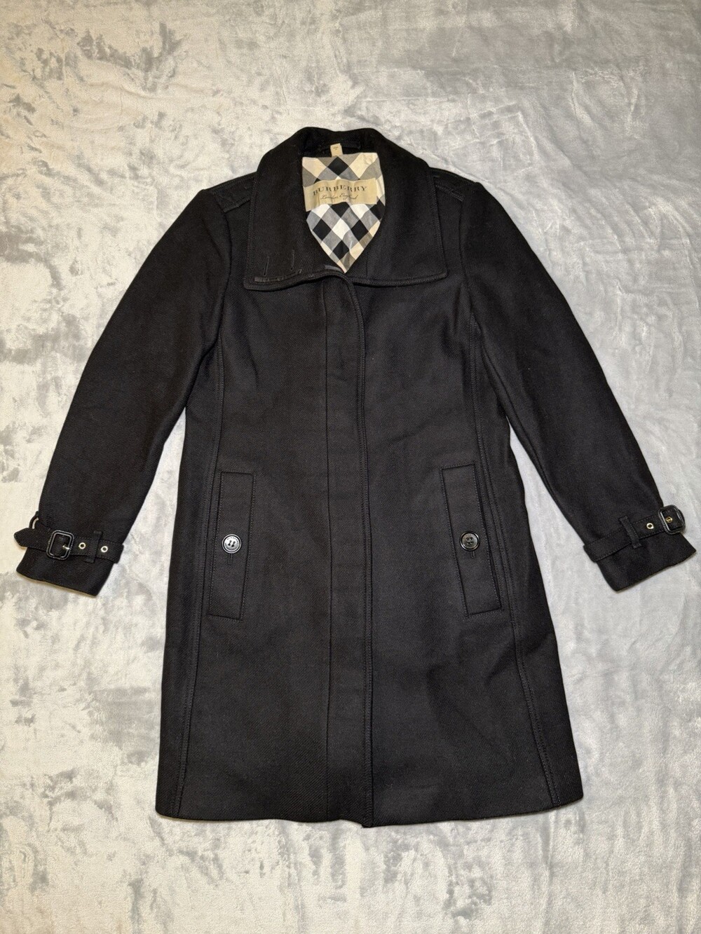 Burberry Women’s Black Wool Long Coat Size 10 Designer Button Up Used Excellent